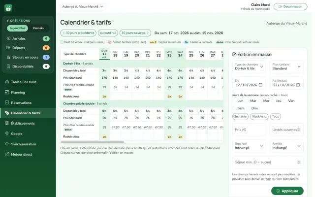 Capture d'écran : calendrier des tarifs et des disponibilités sur 30 jours, par type de chambre