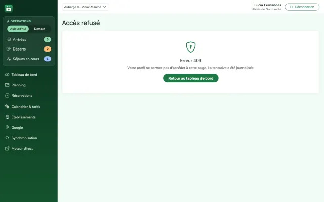 Capture d'écran : accès refusé à une page non autorisée pour le rôle ménage
