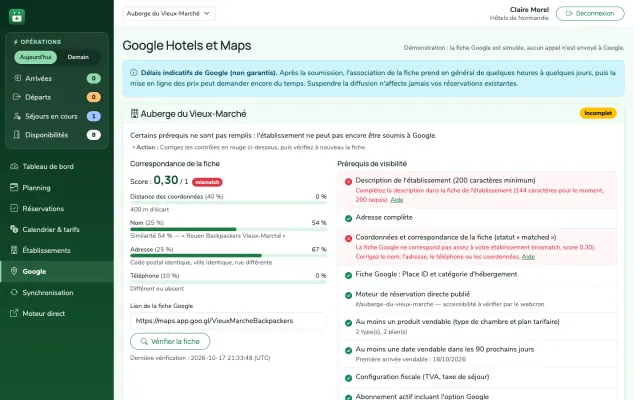 Capture d'écran : prérequis Google à corriger et score de correspondance de la fiche