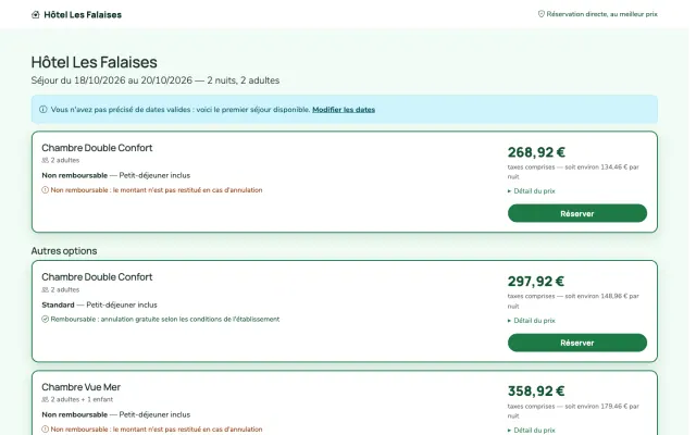 Capture d'écran : page d'atterrissage de réservation ouverte depuis Google Hotels