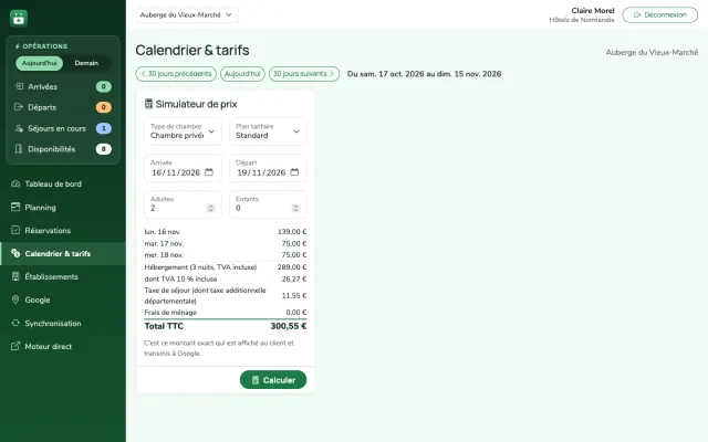 Capture d'écran : simulateur de prix avec le détail par nuit, la TVA incluse et la taxe de séjour