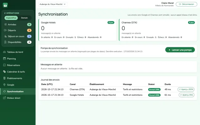 Capture d'écran : fraîcheur des envois vers Google et les canaux de vente, et journal des envois